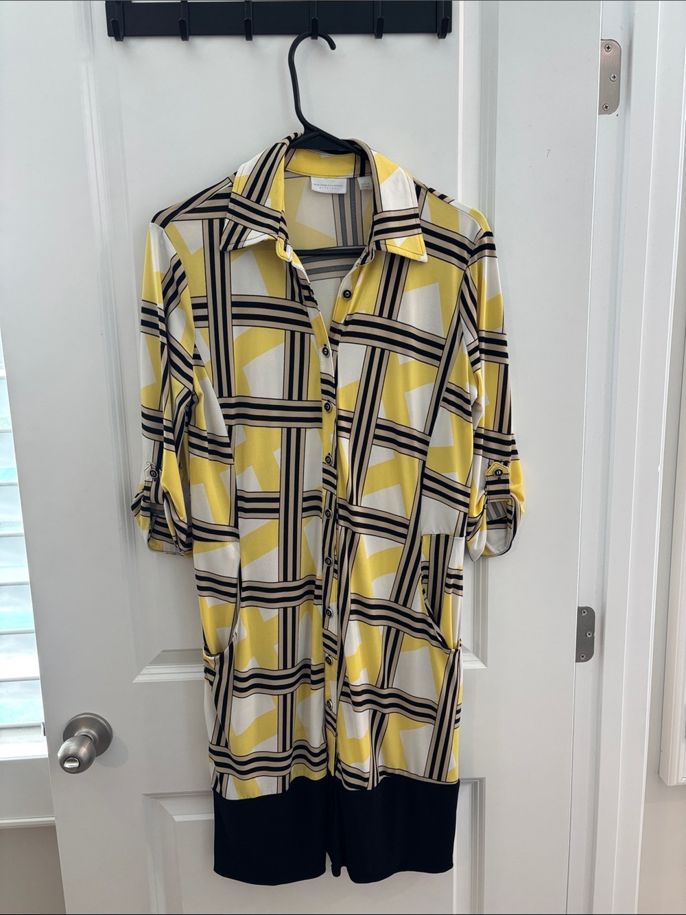 New York & Company Yellow, Black and White Geometric Midi Shirt Dress